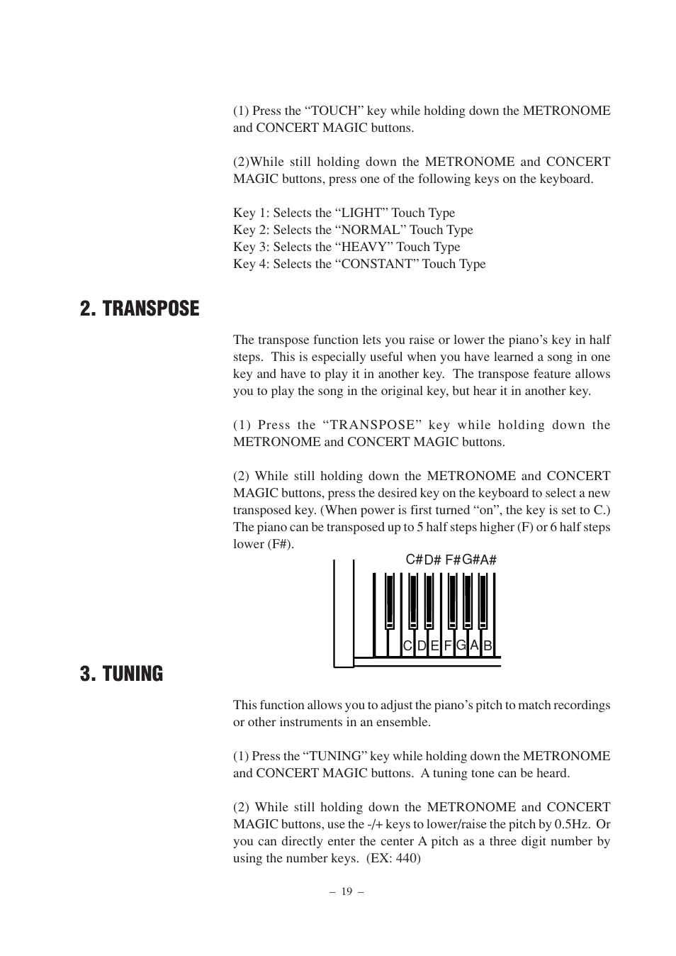 Transpose, Tuning | Kawai CL25 User Manual | Page 19 / 28