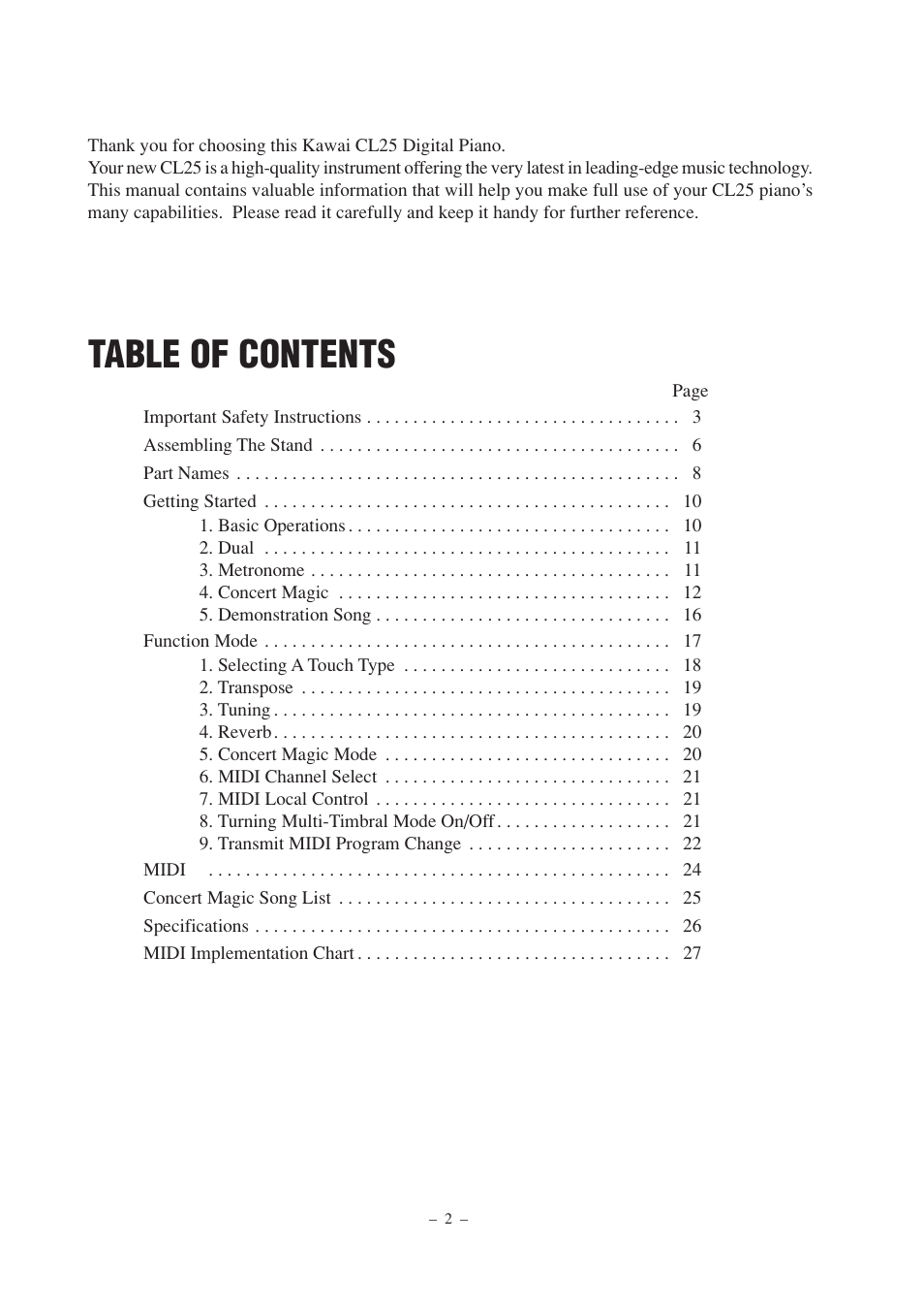 Kawai CL25 User Manual | Page 2 / 28