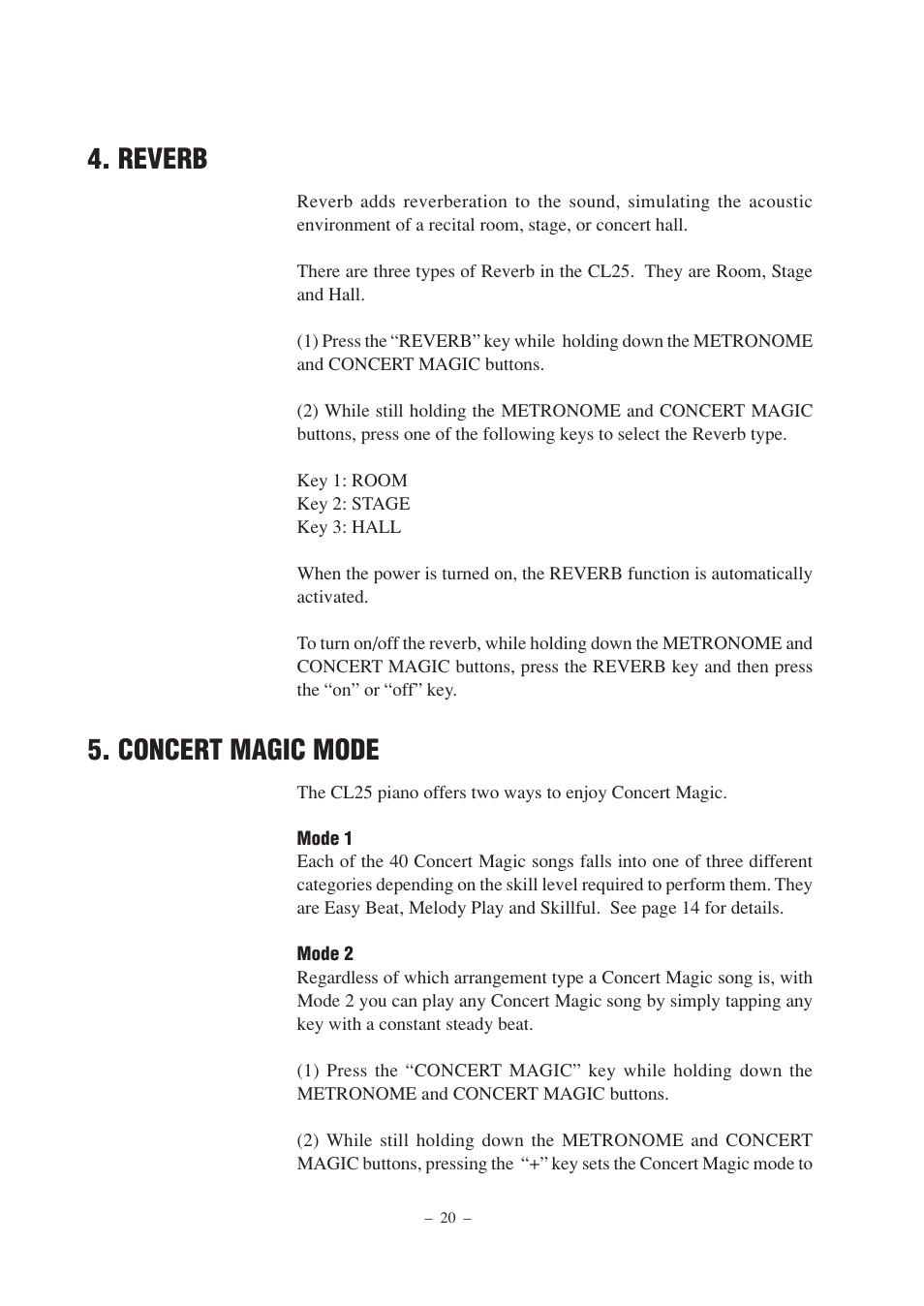 Reverb, Concert magic mode | Kawai CL25 User Manual | Page 20 / 28