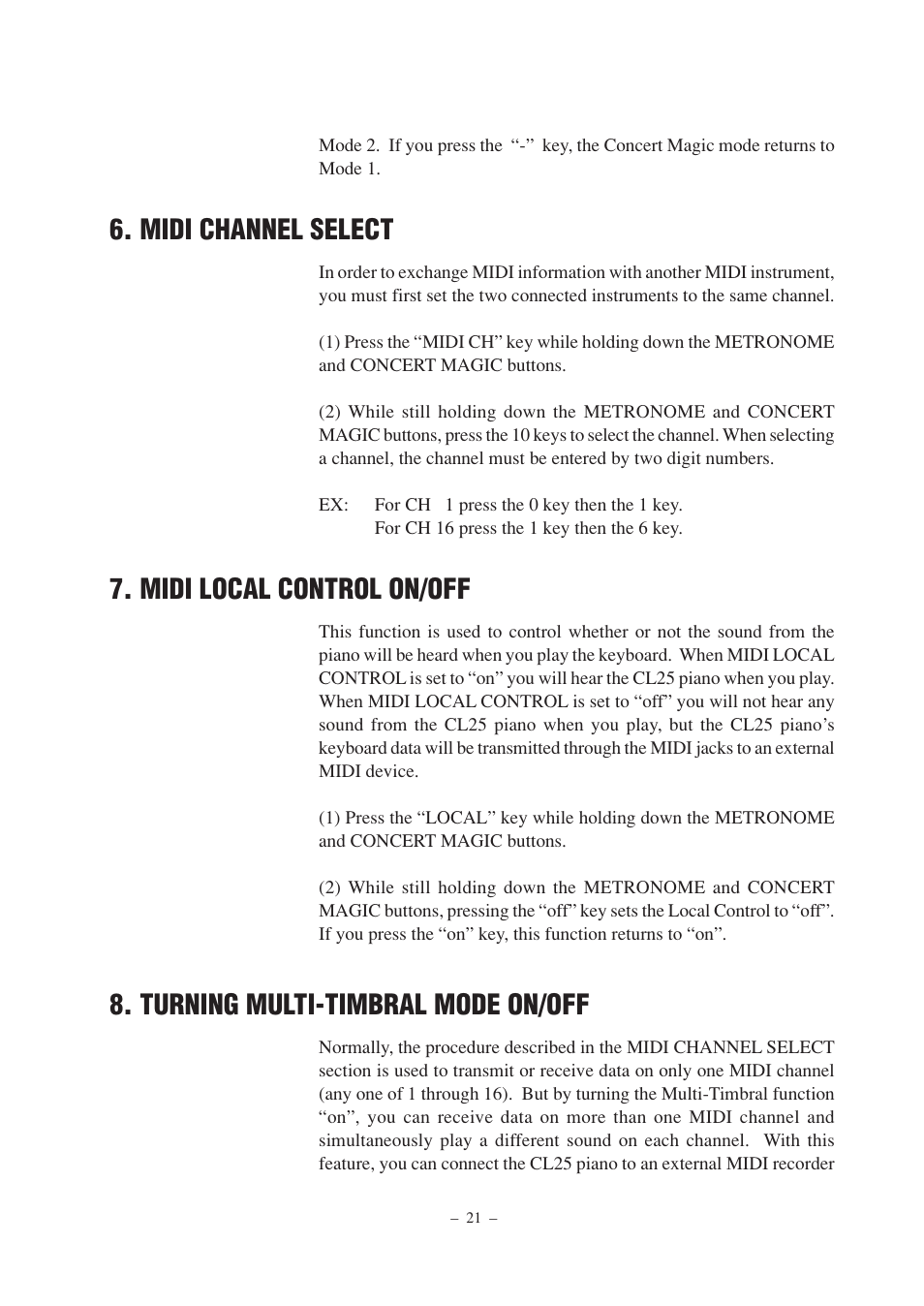Midi channel select, Midi local control on/off, Turning multi-timbral mode on/off | Kawai CL25 User Manual | Page 21 / 28