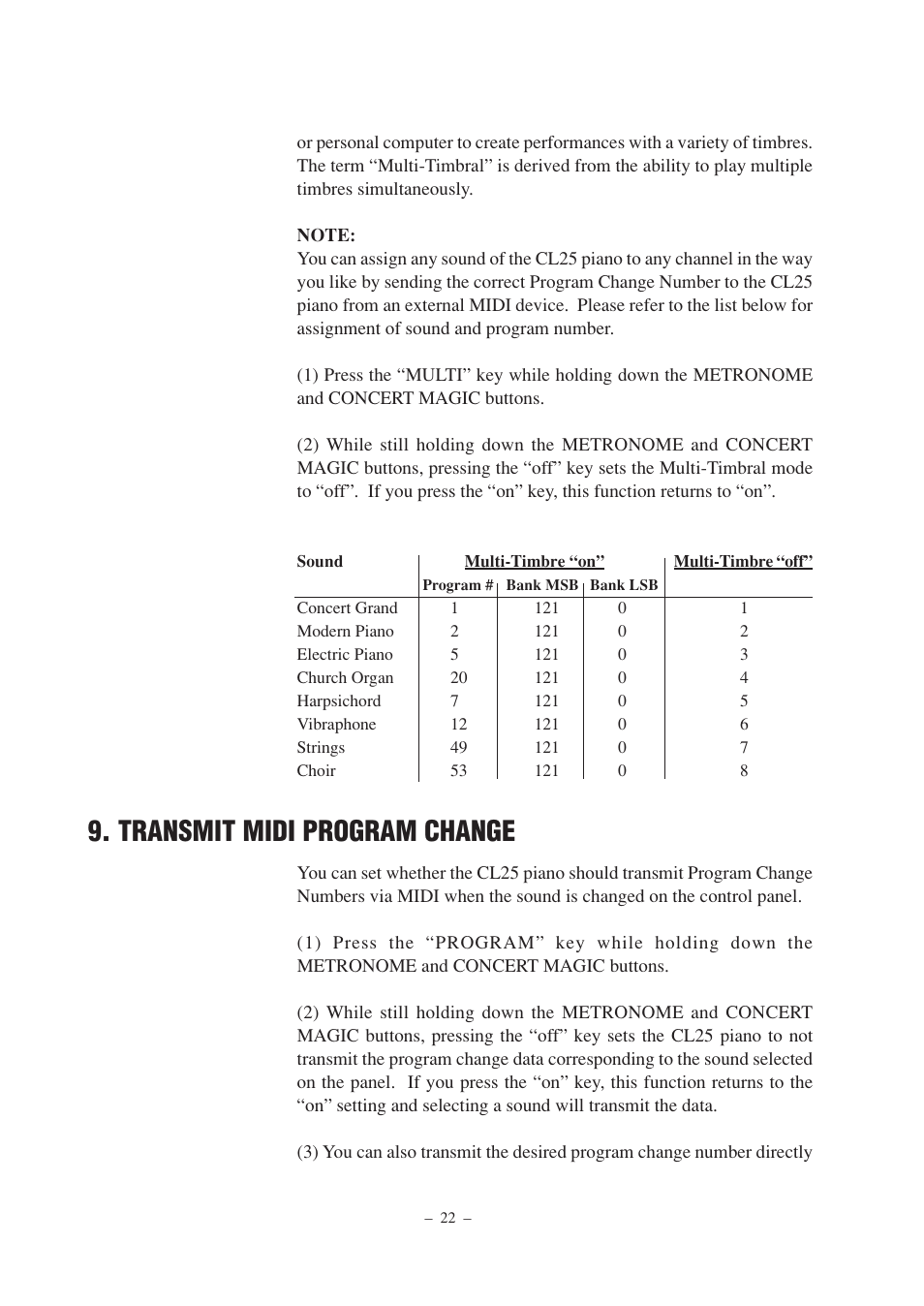 Transmit midi program change | Kawai CL25 User Manual | Page 22 / 28