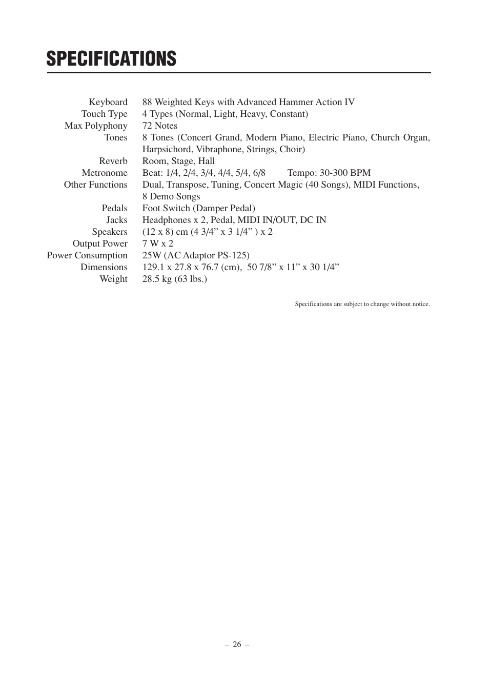 Specifications | Kawai CL25 User Manual | Page 26 / 28