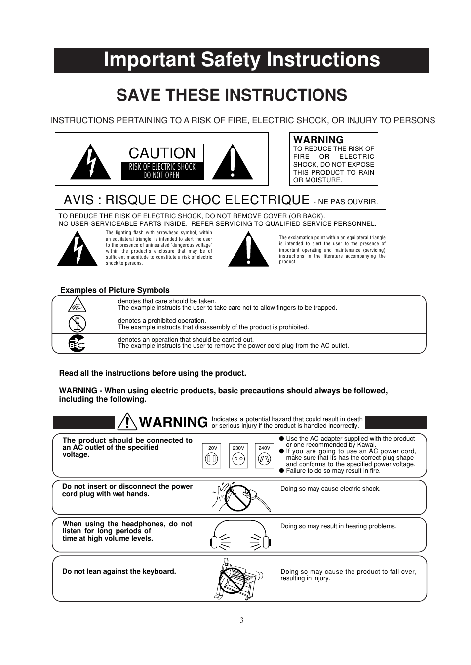 Important safety instructions, Save these instructions, Caution | Warning, Avis : risque de choc electrique | Kawai CL25 User Manual | Page 3 / 28