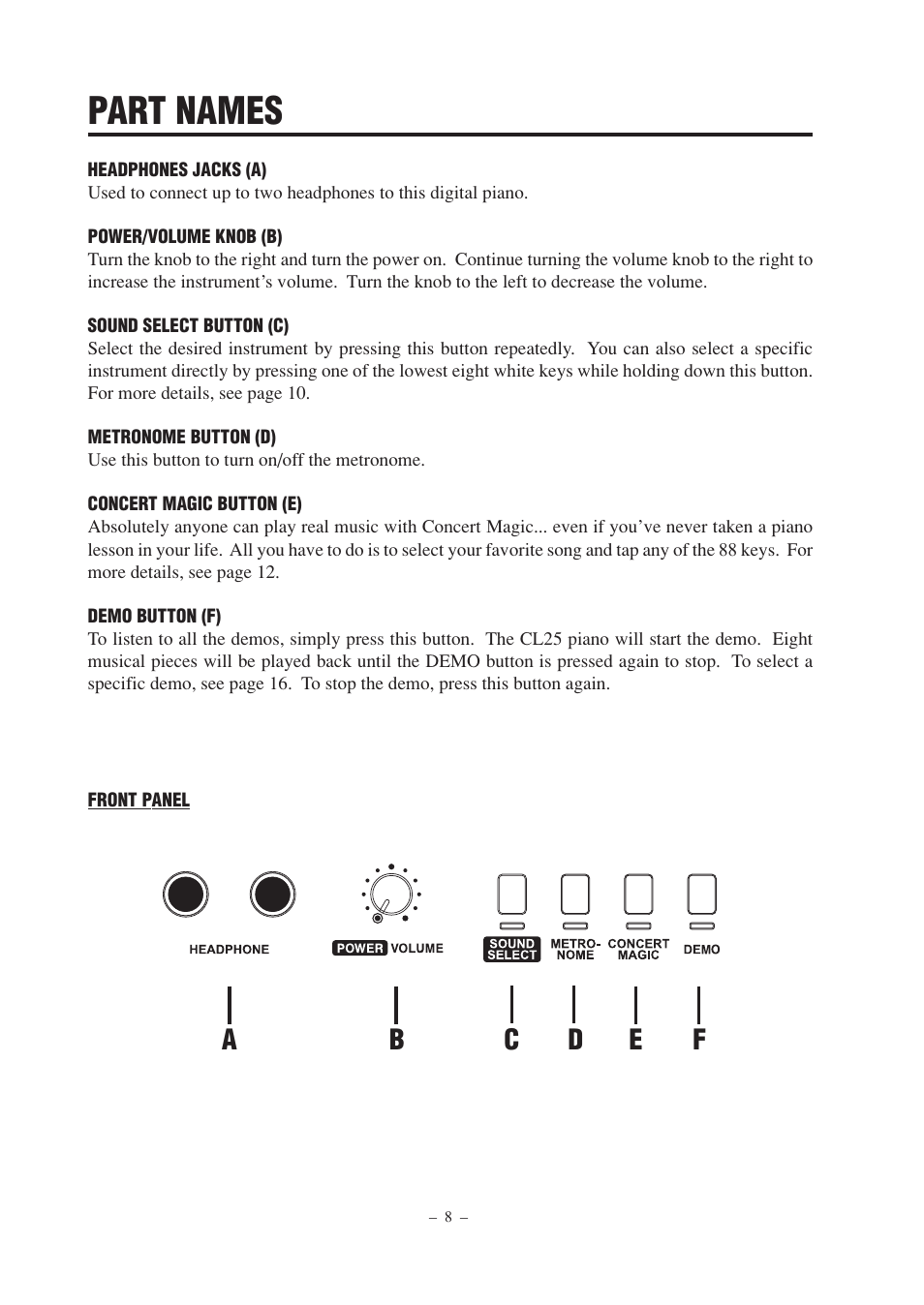 Part names | Kawai CL25 User Manual | Page 8 / 28