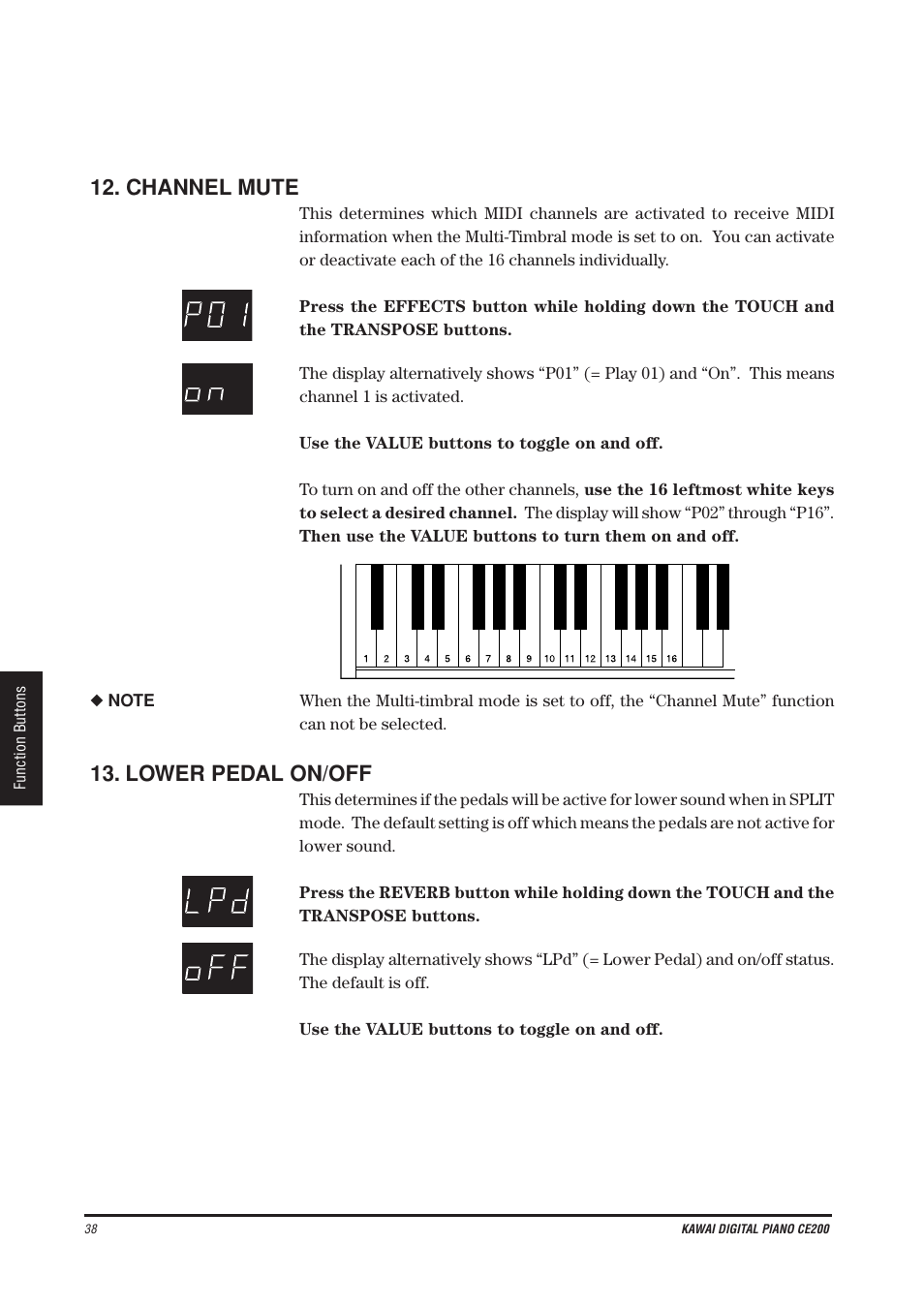 Channel mute, Lower pedal on/off | Kawai CE200 User Manual | Page 38 / 60