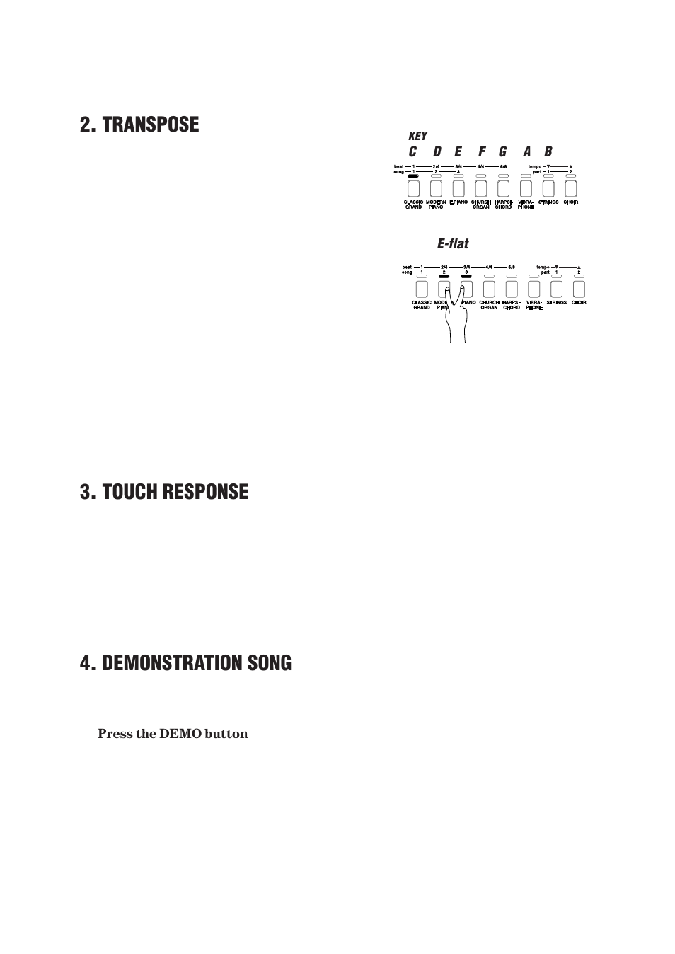 Transpose, Touch response, Demonstration song | Kawai CN290 User Manual | Page 11 / 24