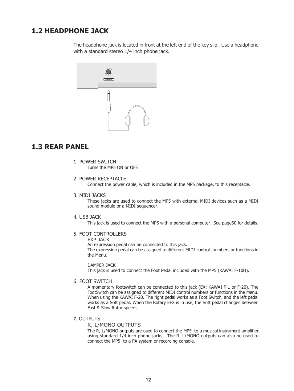 2 headphone jack, 3 rear panel | Kawai Stage Piano MP5 User Manual | Page 12 / 76