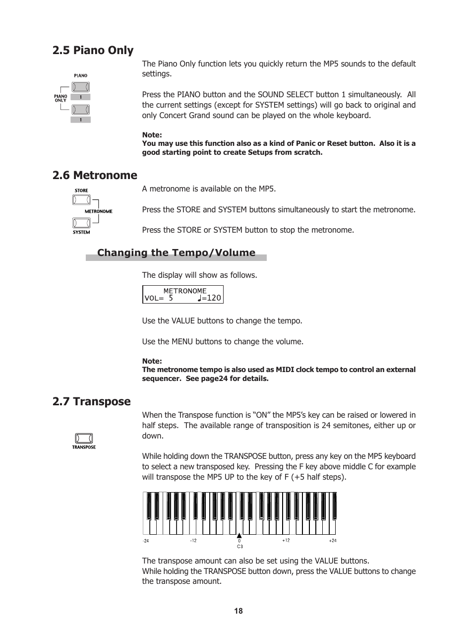 5 piano only, 6 metronome, 7 transpose | Kawai Stage Piano MP5 User Manual | Page 18 / 76