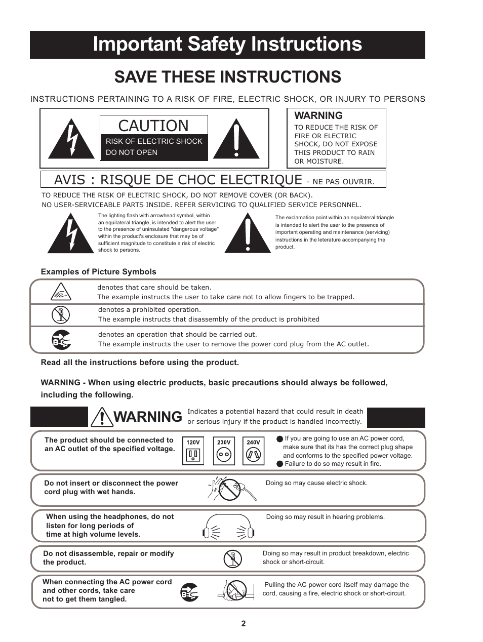 Important safety instructions, Save these instructions, Caution | Avis : risque de choc electrique, Warning | Kawai Stage Piano MP5 User Manual | Page 2 / 76