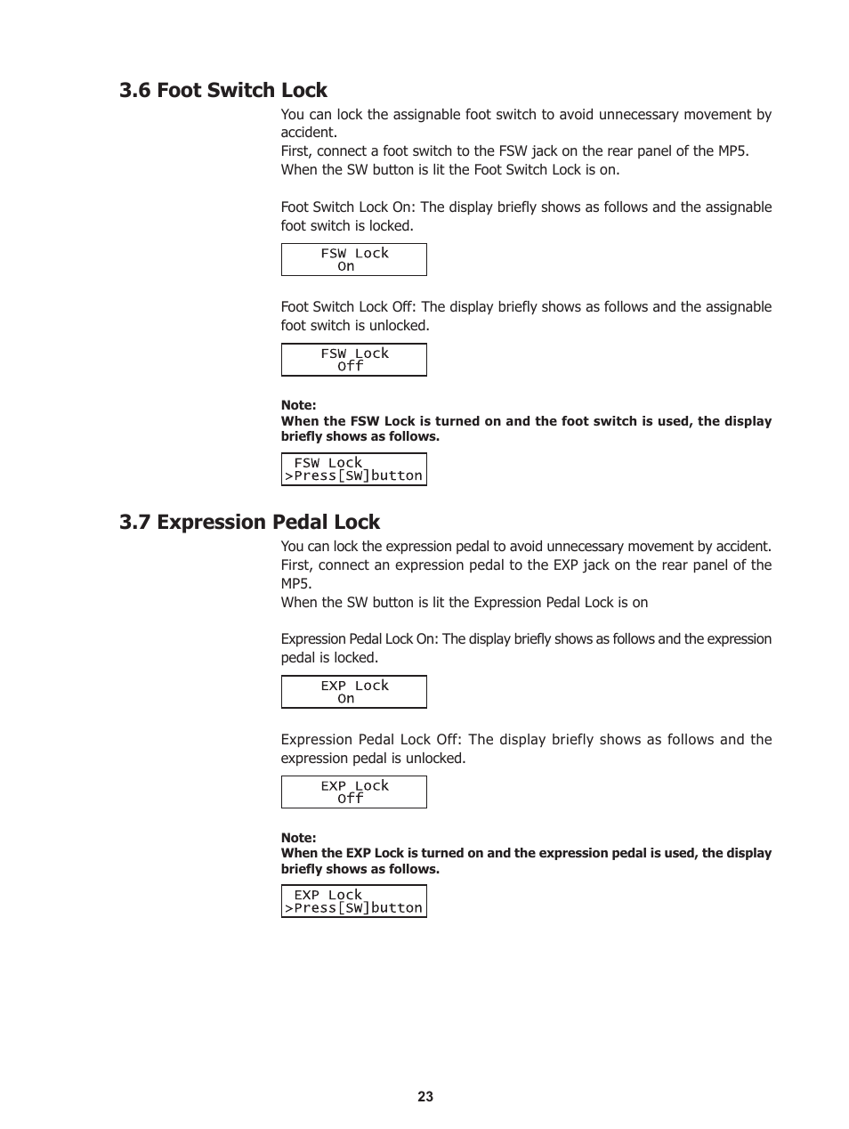 6 foot switch lock, 7 expression pedal lock | Kawai Stage Piano MP5 User Manual | Page 23 / 76