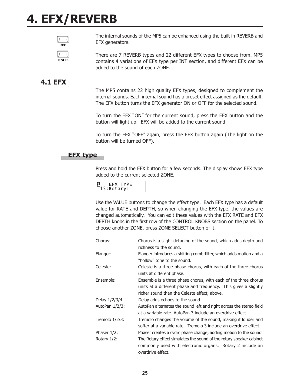 Efx/reverb, 1 efx | Kawai Stage Piano MP5 User Manual | Page 25 / 76