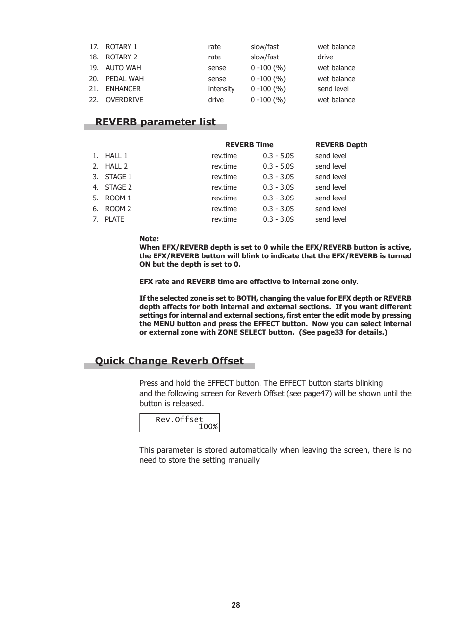 Reverb parameter list, Quick change reverb offset | Kawai Stage Piano MP5 User Manual | Page 28 / 76