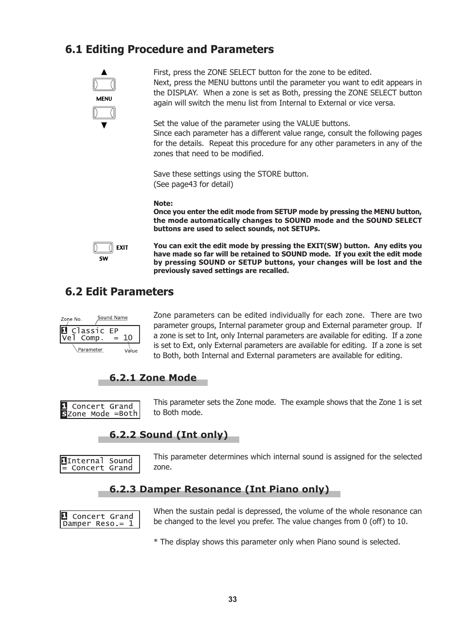 1 editing procedure and parameters, 2 edit parameters | Kawai Stage Piano MP5 User Manual | Page 33 / 76