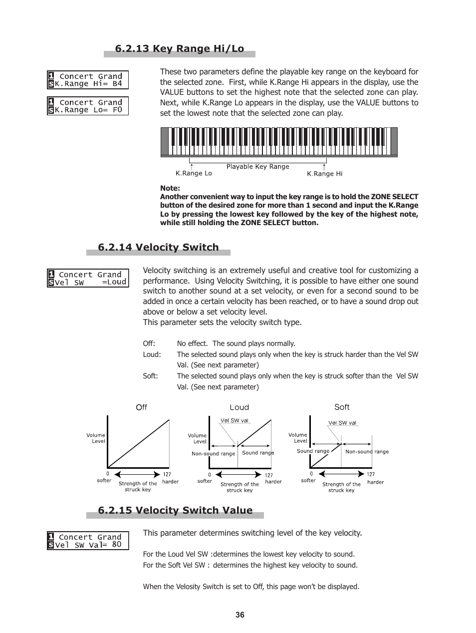 14 velocity switch, 15 velocity switch value, 13 key range hi/lo | Kawai Stage Piano MP5 User Manual | Page 36 / 76