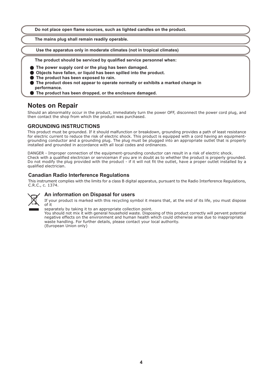 Grounding instructions, Canadian radio interference regulations, An information on dispasal for users | Kawai Stage Piano MP5 User Manual | Page 4 / 76