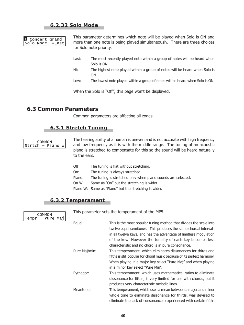 3 common parameters, 1 stretch tuning, 2 temperament | 32 solo mode | Kawai Stage Piano MP5 User Manual | Page 40 / 76