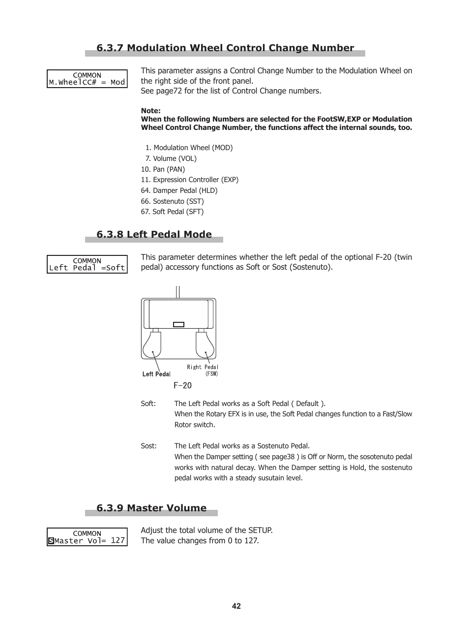 7 modulation wheel control change number, 8 left pedal mode, 9 master volume | Kawai Stage Piano MP5 User Manual | Page 42 / 76