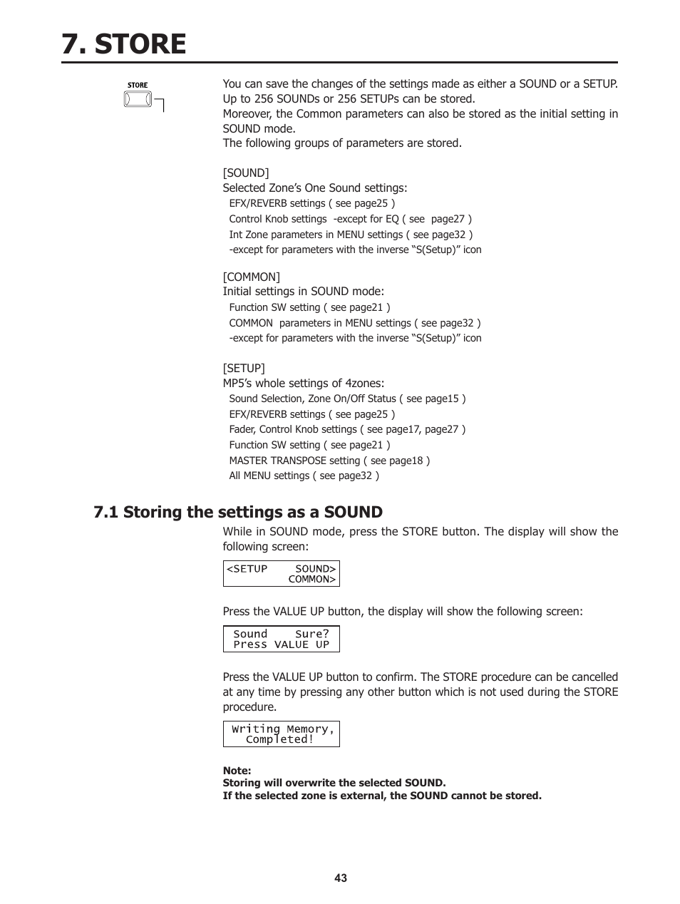 Store, 1 storing the settings as a sound | Kawai Stage Piano MP5 User Manual | Page 43 / 76