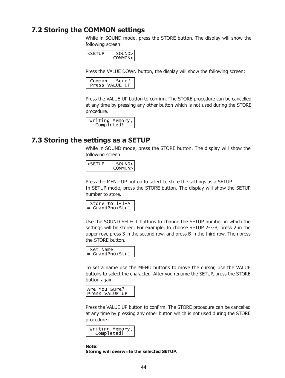 2 storing the common settings, 3 storing the settings as a setup | Kawai Stage Piano MP5 User Manual | Page 44 / 76