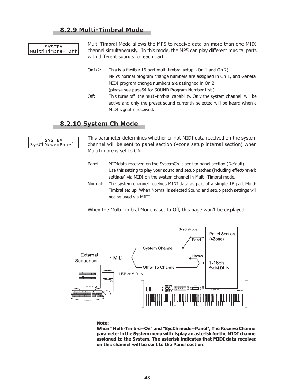 9 multi-timbral mode, 10 system ch mode | Kawai Stage Piano MP5 User Manual | Page 48 / 76