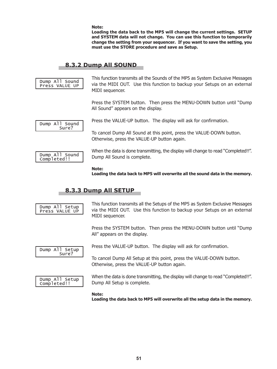 2 dump all sound, 3 dump all setup | Kawai Stage Piano MP5 User Manual | Page 51 / 76