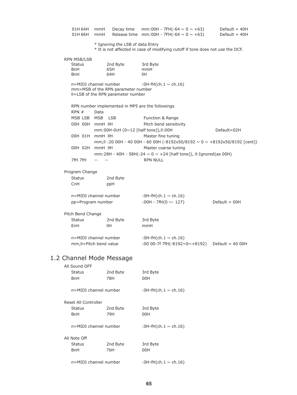 2 channel mode message | Kawai Stage Piano MP5 User Manual | Page 65 / 76