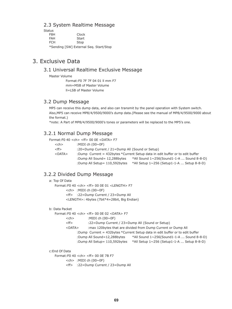 Exclusive data, 3 system realtime message, 1 universal realtime exclusive message | 2 dump message, 1 normal dump message, 2 divided dump message | Kawai Stage Piano MP5 User Manual | Page 69 / 76