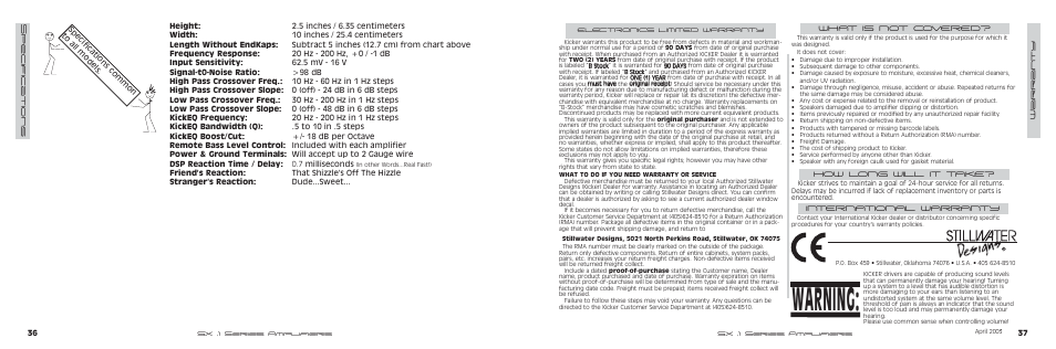 Warning | Kicker SX SERIES SX650.1 User Manual | Page 19 / 20