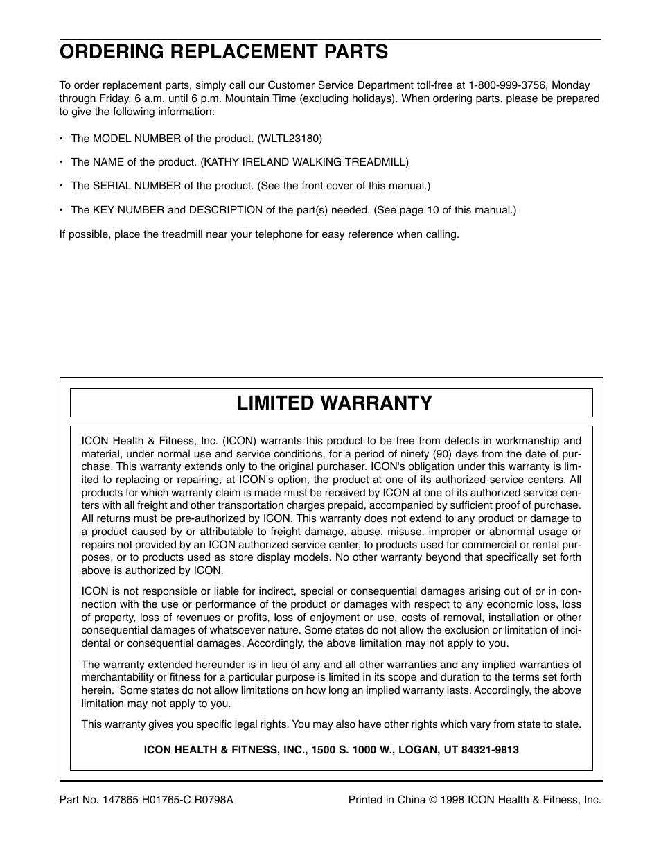 Ordering replacement parts, Limited warranty | Kathy Ireland Home WLTL23180 User Manual | Page 12 / 12