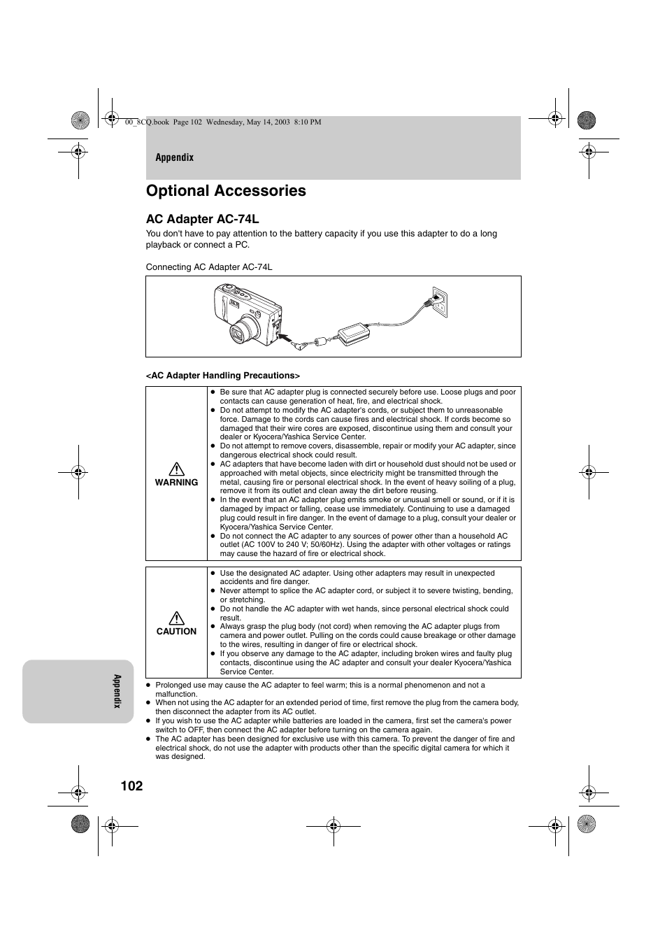 Optional accessories, Ac adapter ac-74l | Kyocera Finecam L4 User Manual | Page 102 / 106