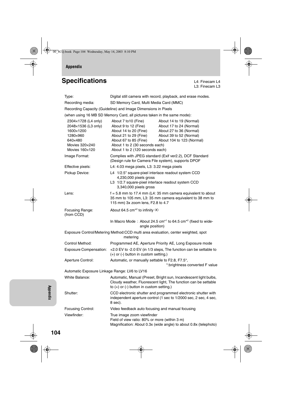 Specifications | Kyocera Finecam L4 User Manual | Page 104 / 106