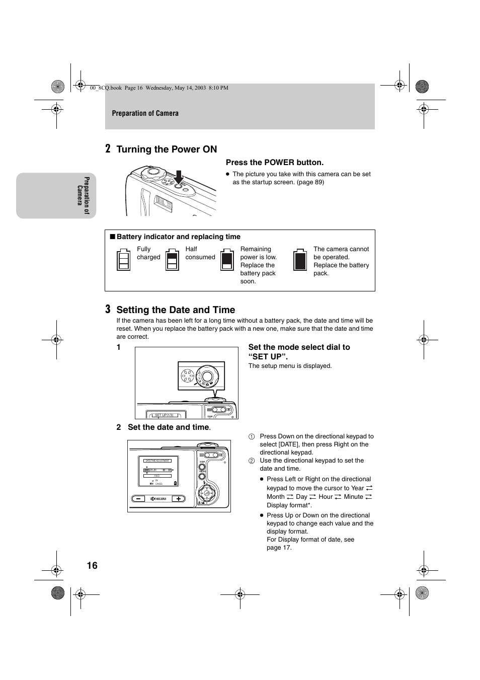 Turning the power on, Setting the date and time, Press the power button | 1set the mode select dial to “set up, 2 set the date and time | Kyocera Finecam L4 User Manual | Page 16 / 106