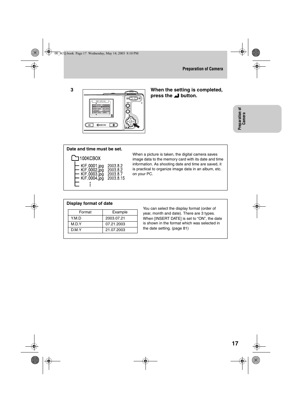 3when the setting is completed, press the e button | Kyocera Finecam L4 User Manual | Page 17 / 106