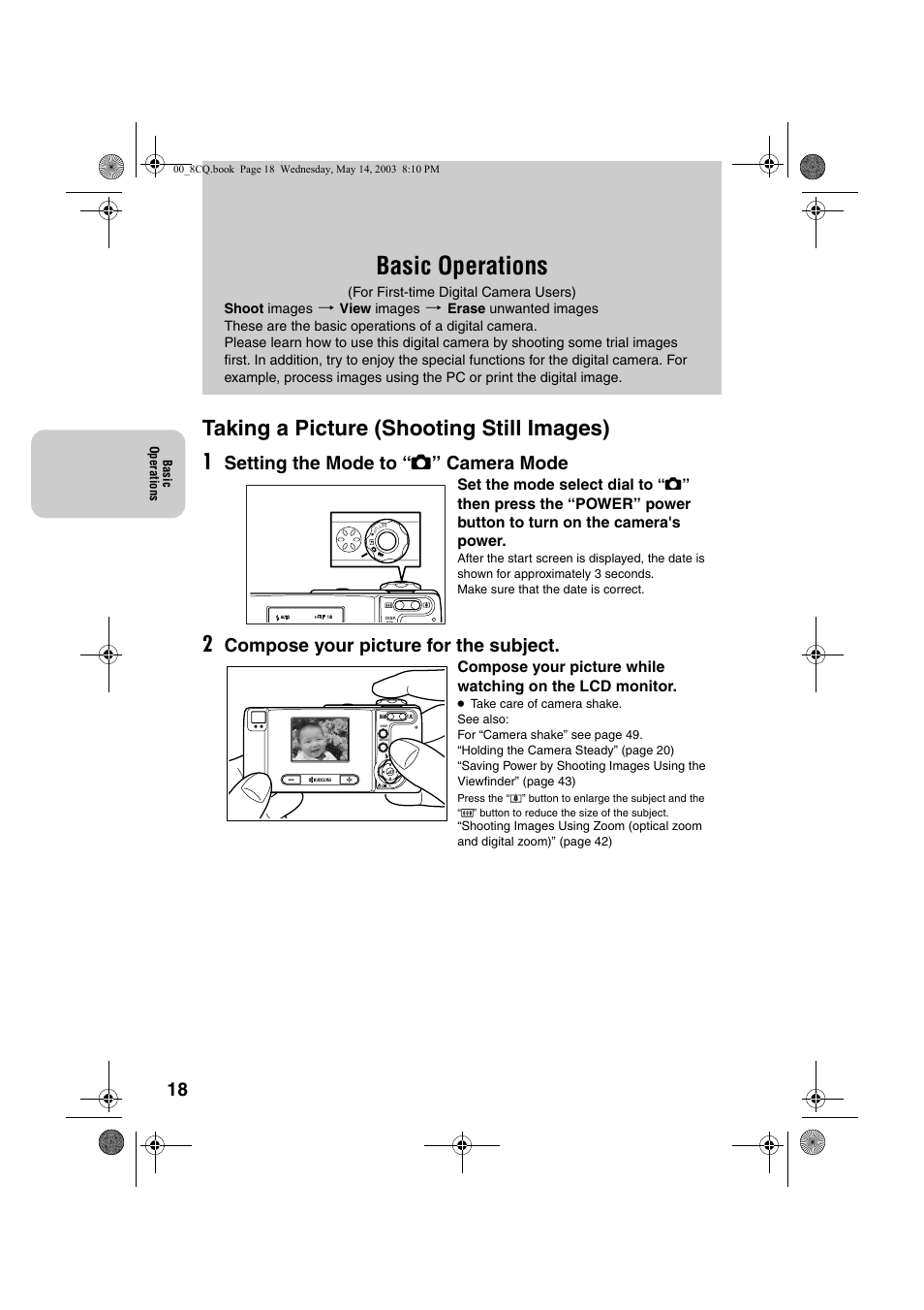 Basic operations, Taking a picture (shooting still images) 1, Setting the mode to “ s ” camera mode | Compose your picture for the subject | Kyocera Finecam L4 User Manual | Page 18 / 106