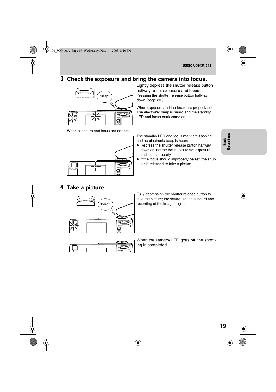 Check the exposure and bring the camera into focus, Take a picture | Kyocera Finecam L4 User Manual | Page 19 / 106