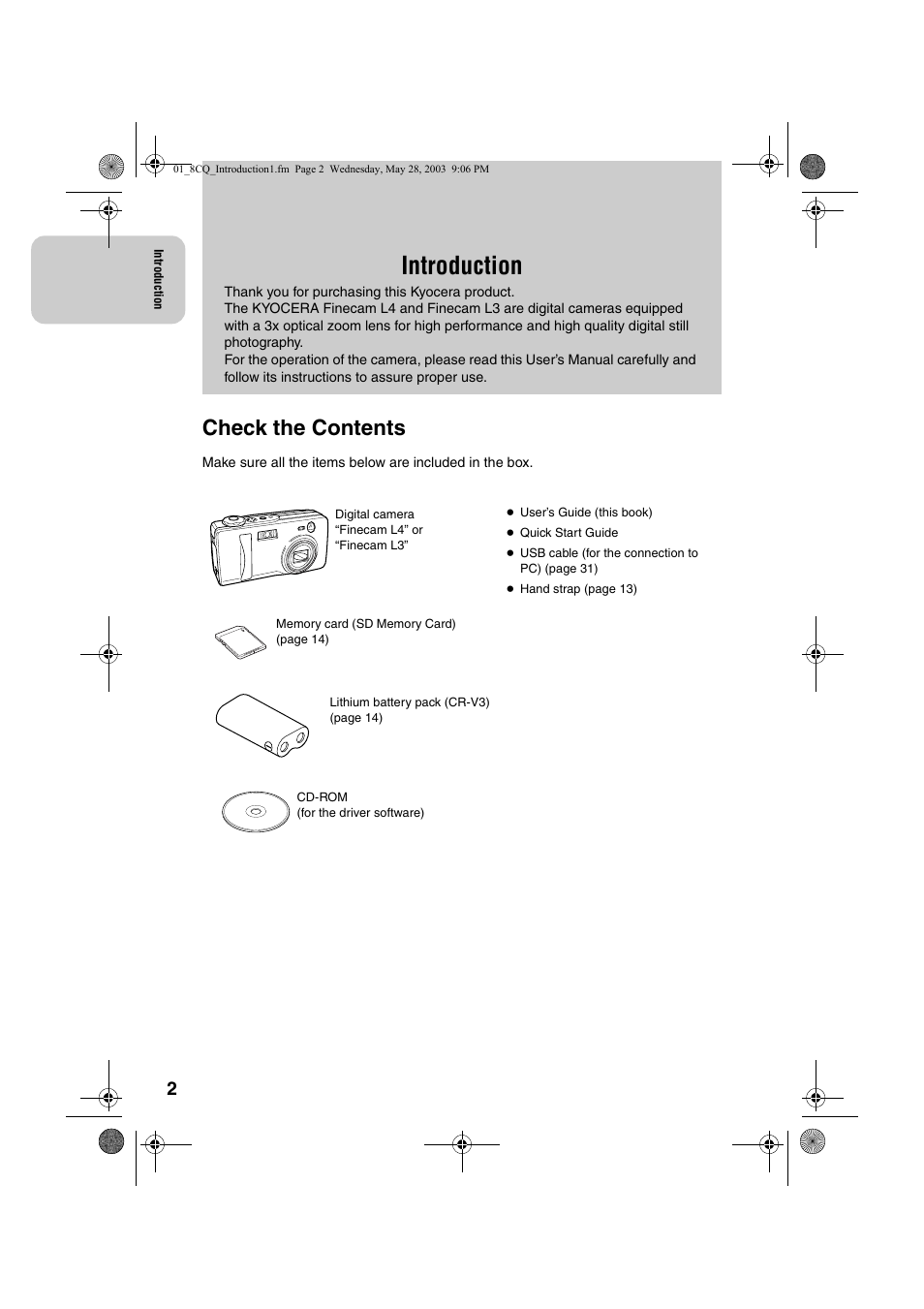 Introduction, Check the contents | Kyocera Finecam L4 User Manual | Page 2 / 106