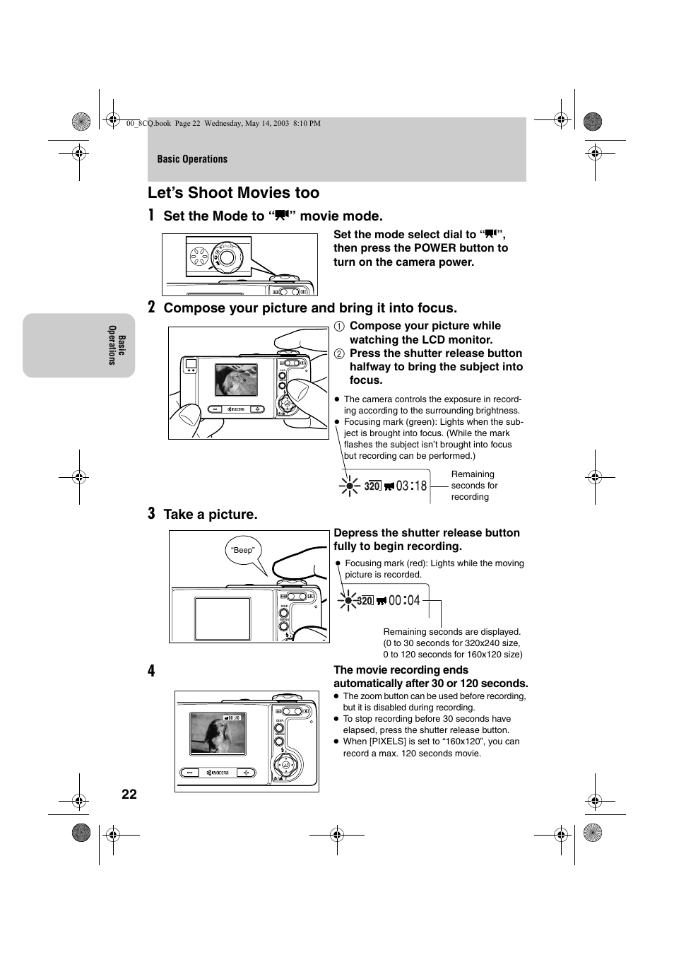 Let’s shoot movies too 1, Set the mode to “ m ” movie mode, Compose your picture and bring it into focus | Take a picture | Kyocera Finecam L4 User Manual | Page 22 / 106