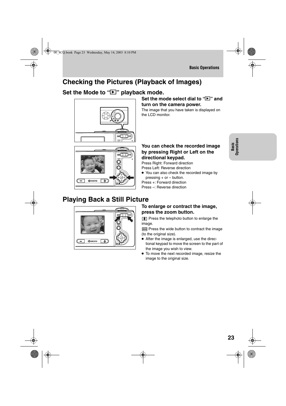 Checking the pictures (playback of images), Playing back a still picture, Set the mode to “ p ” playback mode | Kyocera Finecam L4 User Manual | Page 23 / 106