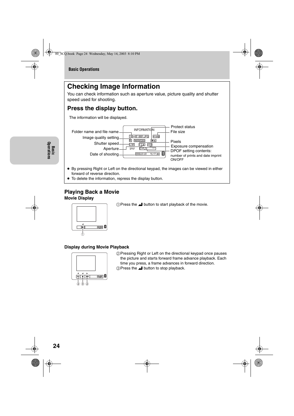 Checking image information, Press the display button, Playing back a movie | Kyocera Finecam L4 User Manual | Page 24 / 106