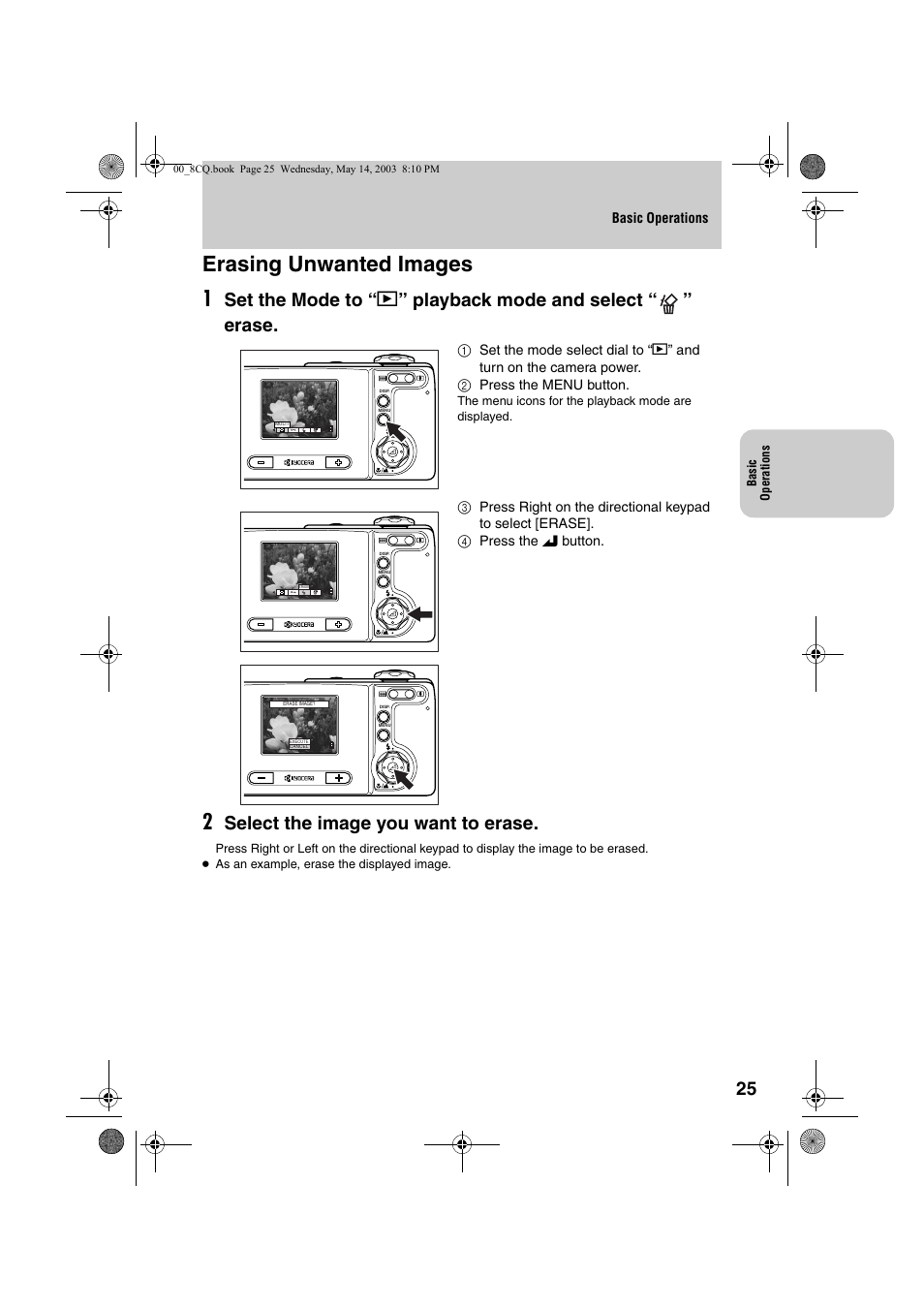 Erasing unwanted images 1, Select the image you want to erase | Kyocera Finecam L4 User Manual | Page 25 / 106