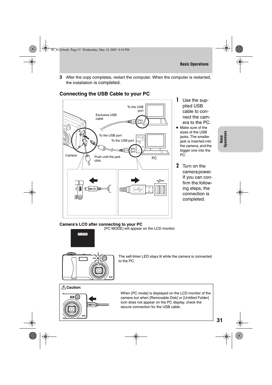 Connecting the usb cable to your pc | Kyocera Finecam L4 User Manual | Page 31 / 106