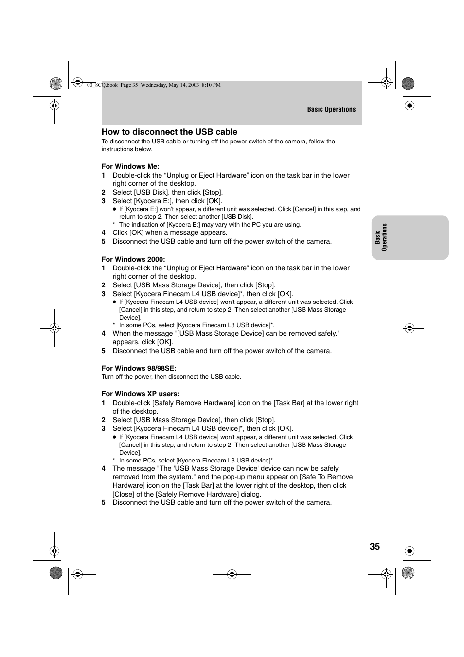How to disconnect the usb cable | Kyocera Finecam L4 User Manual | Page 35 / 106