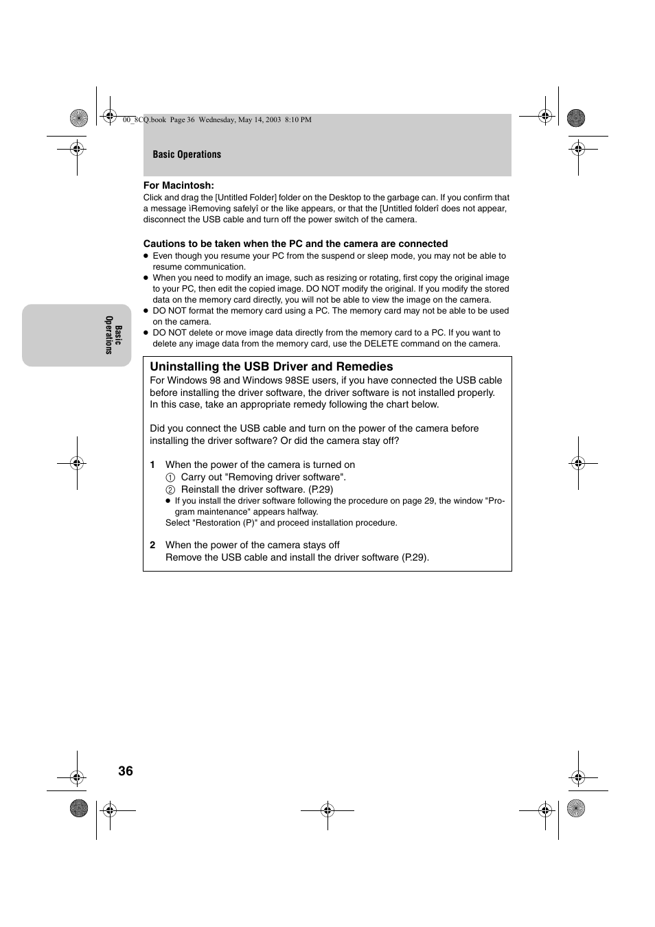Uninstalling the usb driver and remedies | Kyocera Finecam L4 User Manual | Page 36 / 106