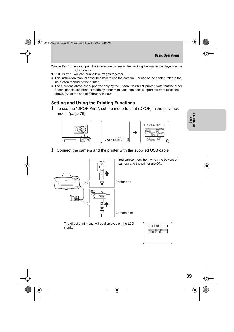 Setting and using the printing functions, Basic operations | Kyocera Finecam L4 User Manual | Page 39 / 106