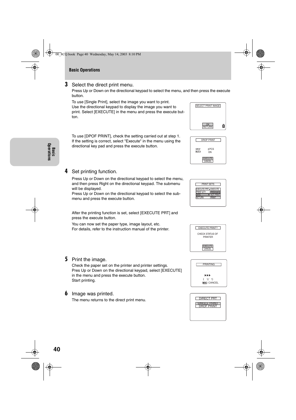 Select the direct print menu, Set printing function, Print the image | Image was printed | Kyocera Finecam L4 User Manual | Page 40 / 106