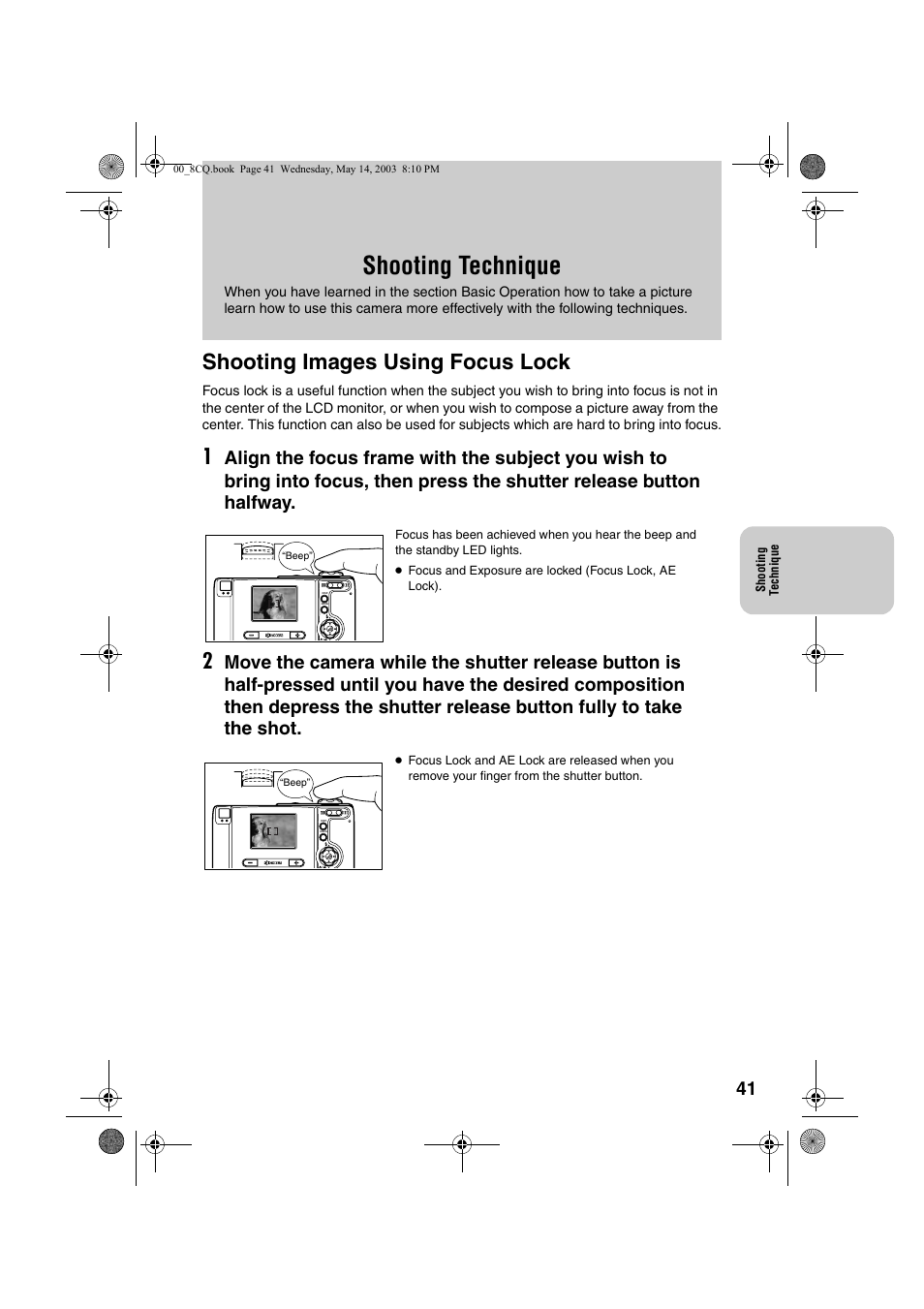 Shooting technique, Shooting images using focus lock | Kyocera Finecam L4 User Manual | Page 41 / 106