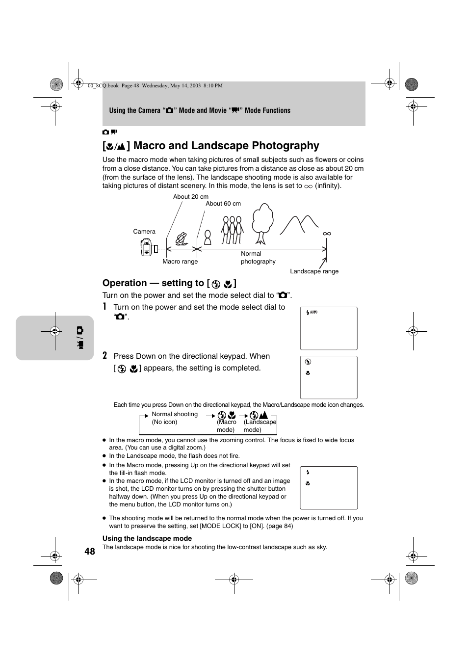 Macro and landscape photography, Operation — setting to | Kyocera Finecam L4 User Manual | Page 48 / 106