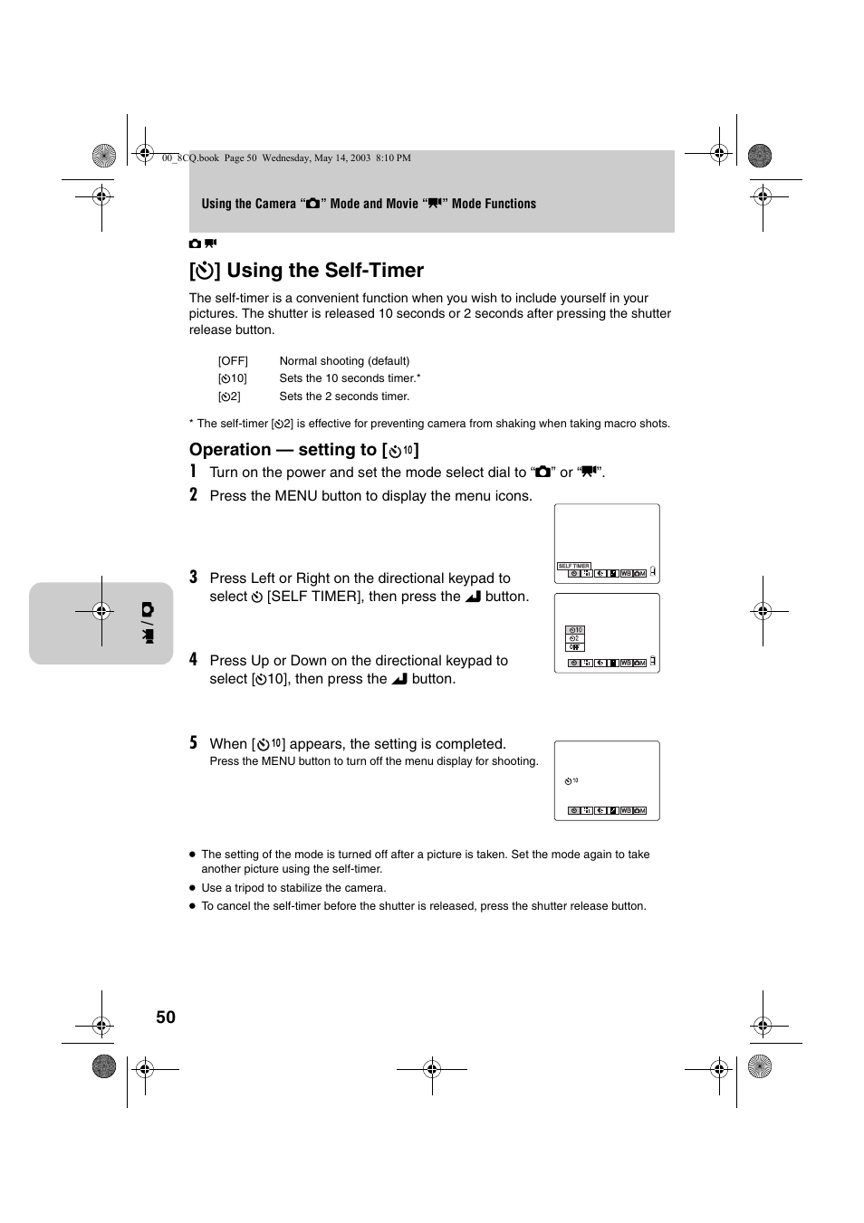 Using the self-timer, Operation — setting to | Kyocera Finecam L4 User Manual | Page 50 / 106