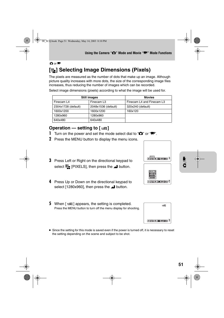 Selecting image dimensions (pixels), Operation — setting to [ ] 1 | Kyocera Finecam L4 User Manual | Page 51 / 106