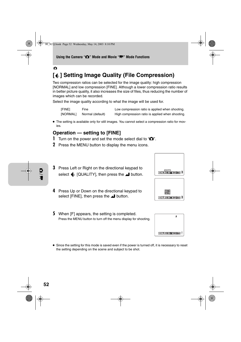 Setting image quality (file compression), Operation — setting to [fine] 1 | Kyocera Finecam L4 User Manual | Page 52 / 106